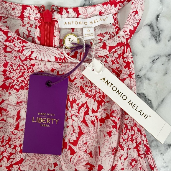 Liberty Fabric for Antonio Melani Red White Floral Tie Midi Dress Sleeveless 0 - Picture 10 of 11